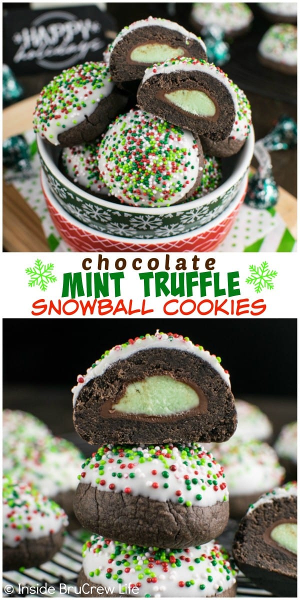 Two pictures of Chocolate Mint Truffle Snowball Cookies collaged together with a white text box