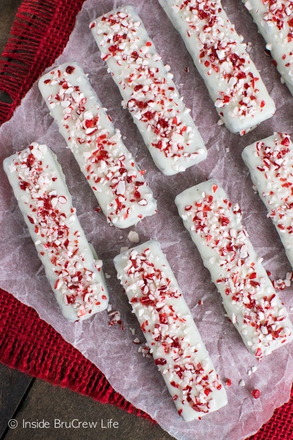 White chocolate and peppermint make these chocolate wafers a pretty delicious treat for holiday cookie trays.
