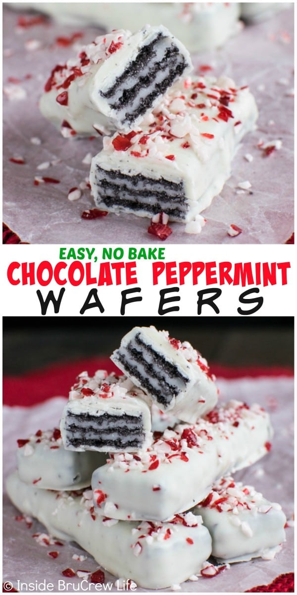 Dipping chocolate wafers in white chocolate and adding peppermint is an easy no bake treat for holiday parties!