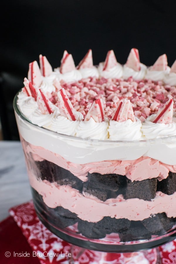 A close up picture of chocolate and peppermint layers in this Peppermint Brownie Trifle.