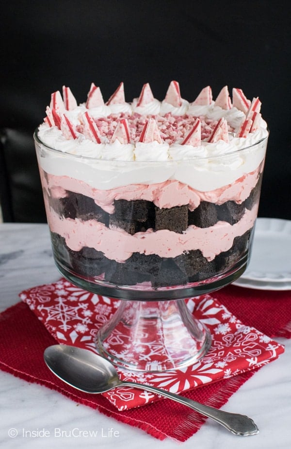 Chocolate and pink peppermint layers are shown in this clear glass bowl.