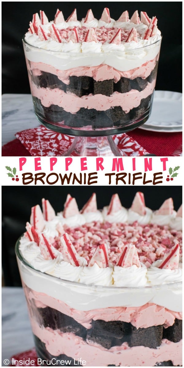 Peppermint Brownie trifle - brownie cubes e sem cheesecake de bolo em camadas com Peppermint chips e candy bars faz um doce de sobremesa de Natal bonito e delicioso. # nobakecheesecake #holiday #brownies #trifle #peppermintcheesecake