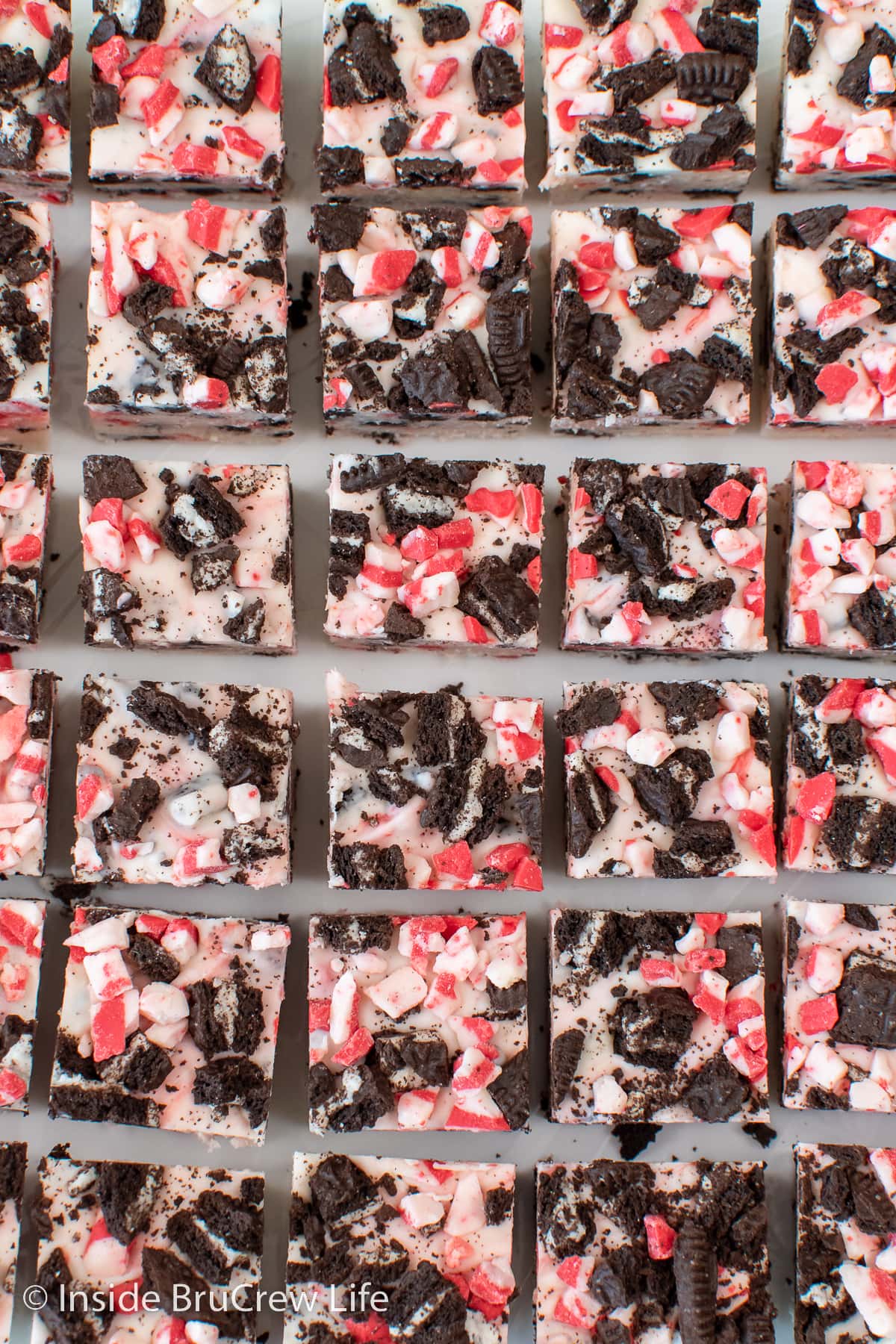 Rows of fudge lined up on a white board.