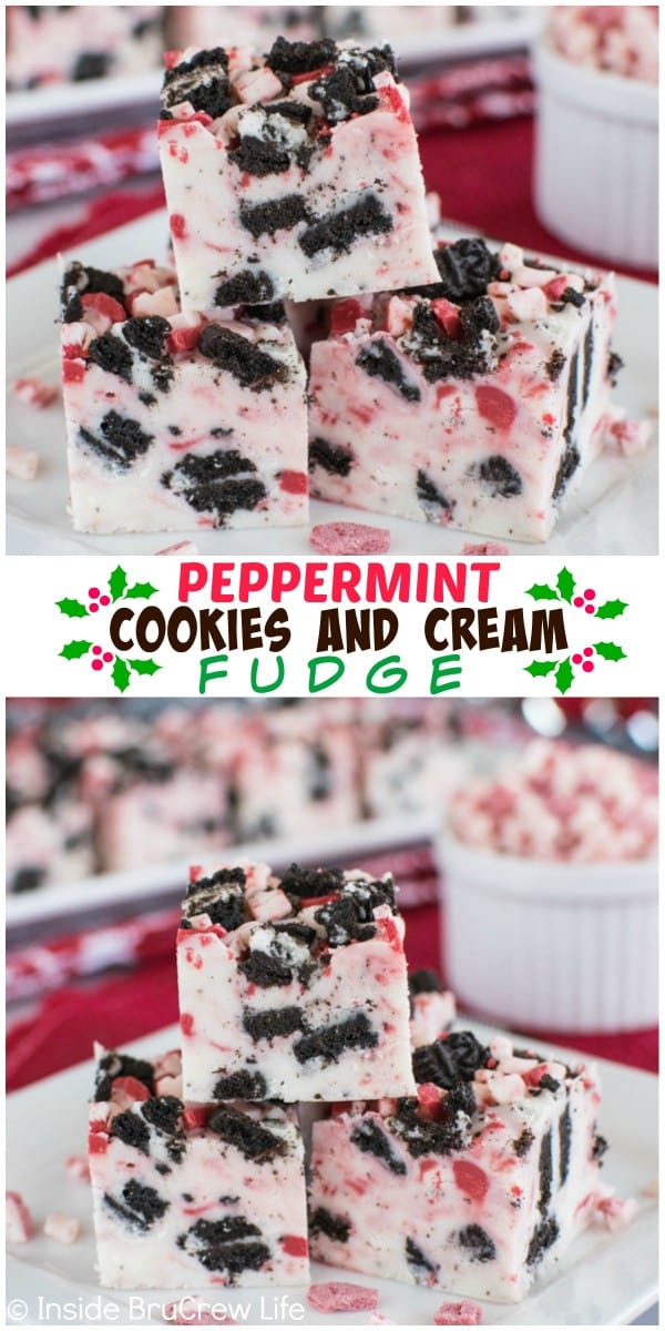 This easy Peppermint Cookies and Cream Fudge has lots of cookie chunks and peppermint chips. This fudge will be a pretty addition to your Christmas dessert trays.