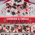 Two pictures of peppermint Oreo fudge with a red text box.