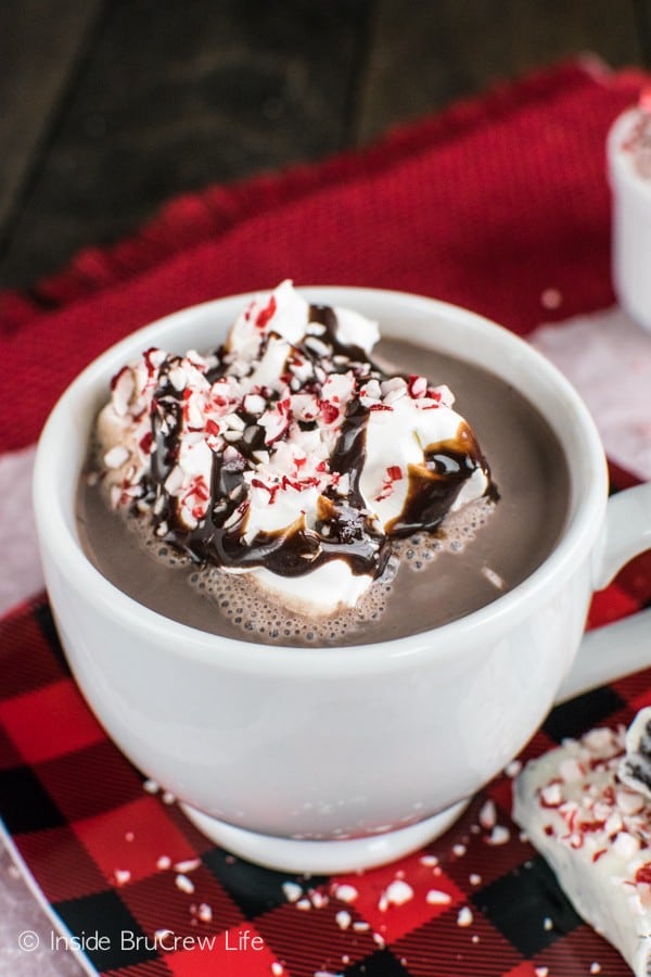 This easy homemade Peppermint Mocha Hot Chocolate will warm you up on a cold day. 