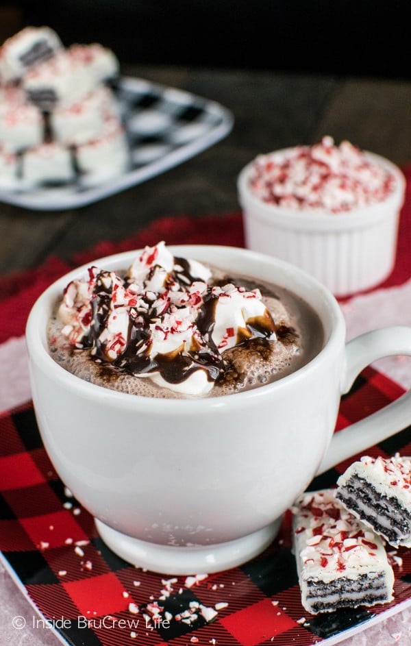 Adding peppermint bits and coffee to this homemade hot chocolate makes a sweet mocha to sip on when it's cold outside.