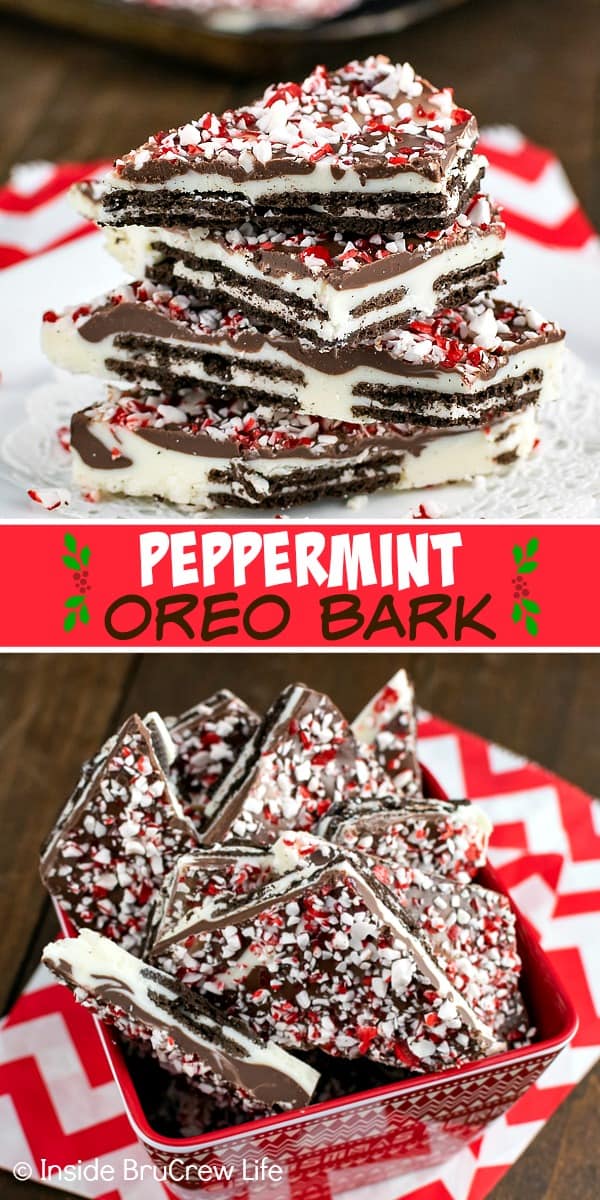 Peppermint Oreo Bark - two kinds of chocolate, Oreo cookies, and peppermint bits are layered together to make an easy chocolate bark. Make this no bake recipe for holiday cookie exchanges! #oreo #peppermint #chocolatebark #nobake #chocolate 