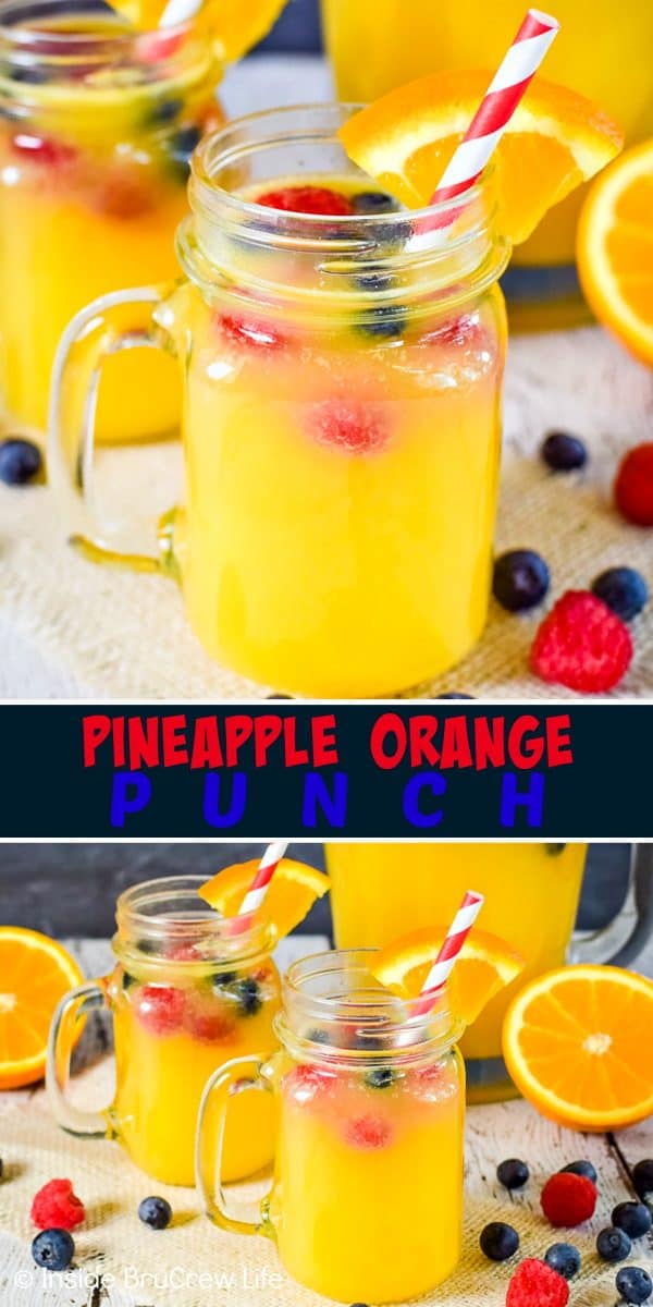 Two pictures of pineapple orange punch collaged together with a black text box