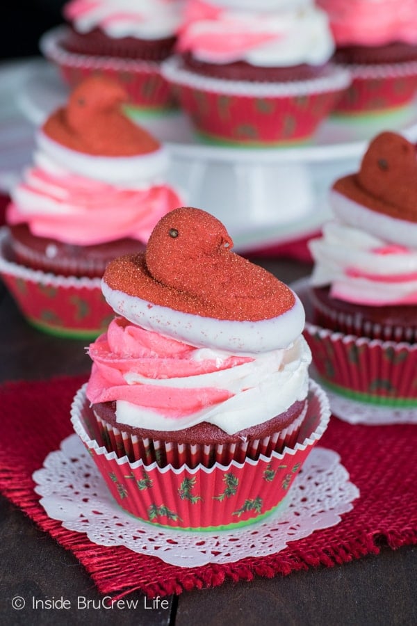 Red velvet marshmallow PEEPS® and peppermint frosting add a fun flair to these Red Velvet Cupcakes!