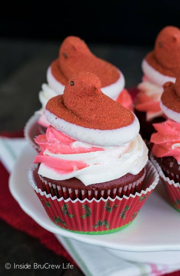 Red Velvet Cupcakes topped with Peppermint frosting and a Red Velvet PEEPS® chick. Perfect holiday party treat!