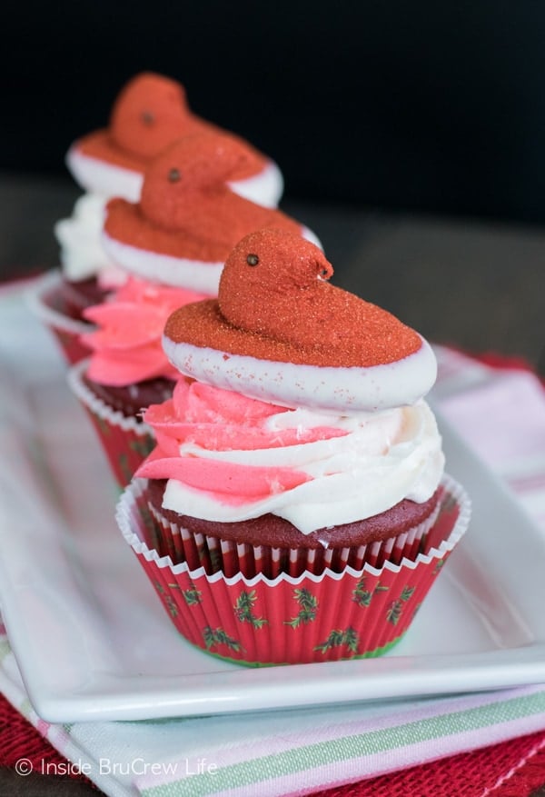 Peppermint frosting and red velvet PEEPS® make these easy Red Velvet Cupcakes a fun holiday treat!