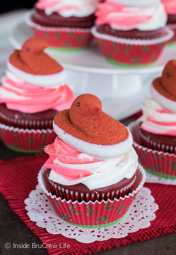 Red Velvet Cupcakes with Peppermint frosting and PEEPS® marshmallow chicks will make the holiday treat tables so cute.