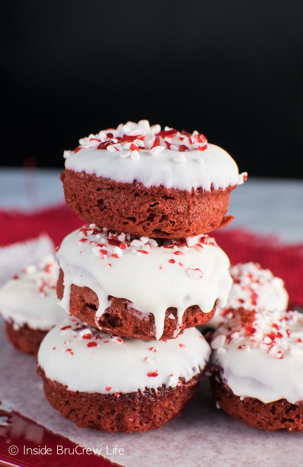 Cake mix and canned frosting is an easy way to enjoy these Red Velvet Peppermint Donuts. Delicious breakfast for the holidays!