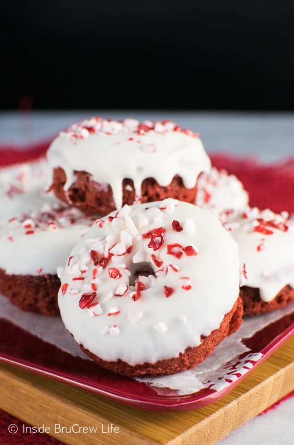 These Red Velvet Peppermint Donuts are an easy breakfast treat to make. Use a box mix and canned frosting to have holiday donuts in a hurry!