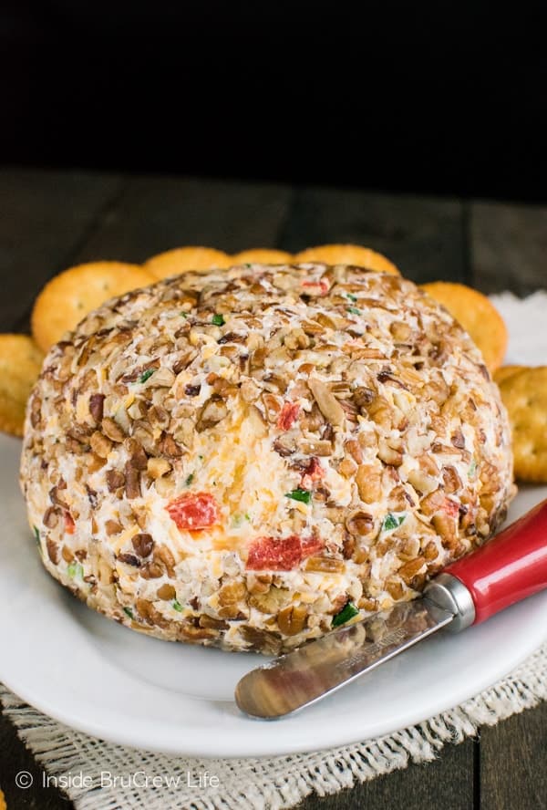 Adding roasted red pepper and garlic to this easy cheese ball makes a delicious appetizer. Perfect with crackers or pretzels.