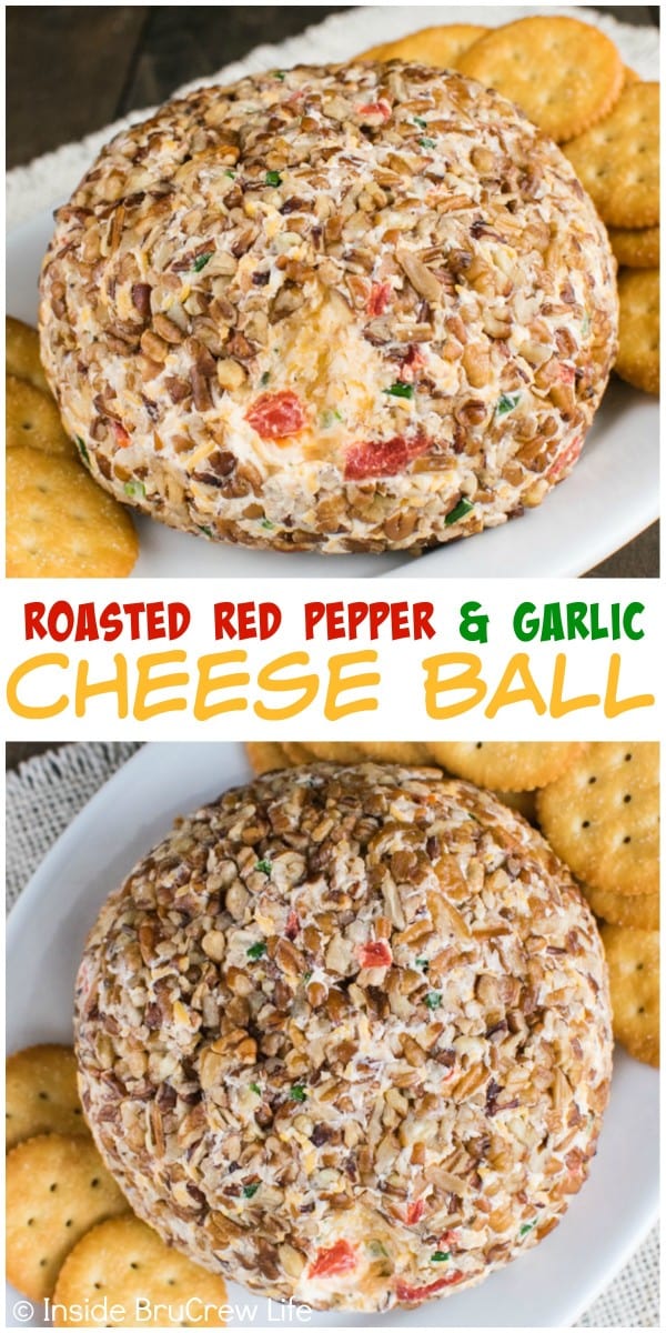 This delicious Roasted Red Pepper and Garlic Cheese Ball is a great appetizer for parties or game days.