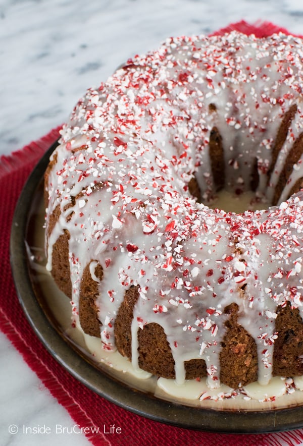 Adding Oreo cookies, white chocolate, and peppermint candy pieces makes this bundt cake the perfect holiday dessert.
