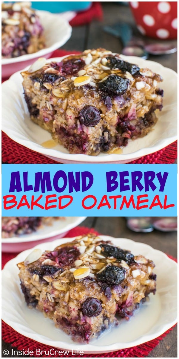 Adding almonds and three kinds of berries give a great texture and flavor to this Almond Berry Baked Oatmeal. Great hot breakfast recipe!