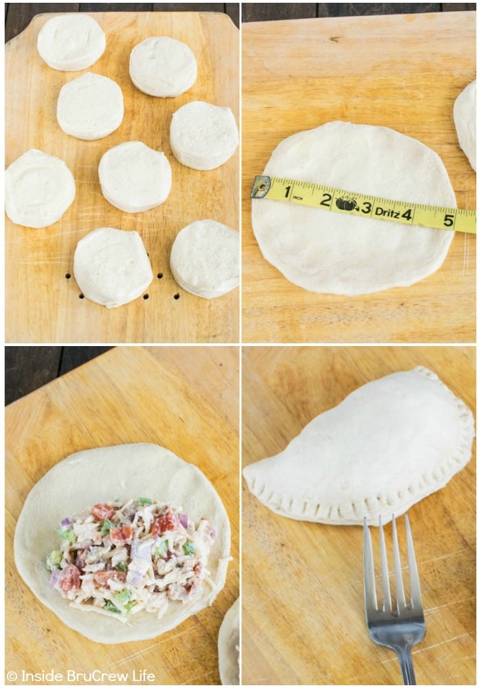 Four pictures collaged together showing how to fill the biscuits to make chicken alfredo calzones