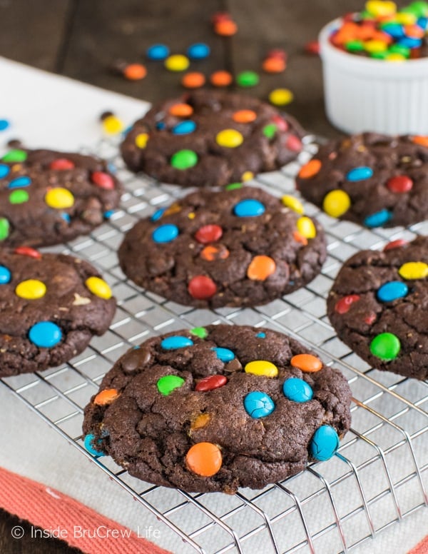 These easy Chocolate Candy Cookies are full of Butterfinger bits and mini M&M's candies. Great dessert recipe!