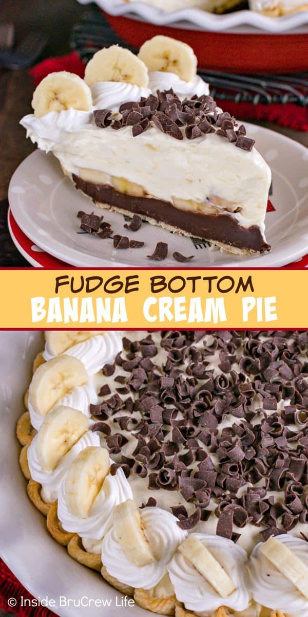 Fudge Bottom Banana Cream Pie - layers of fudge, fresh bananas, and banana pudding makes this such an amazing treat. Try this easy recipe for dessert. #bananacream #banana #pie #recipe #blackbottompie