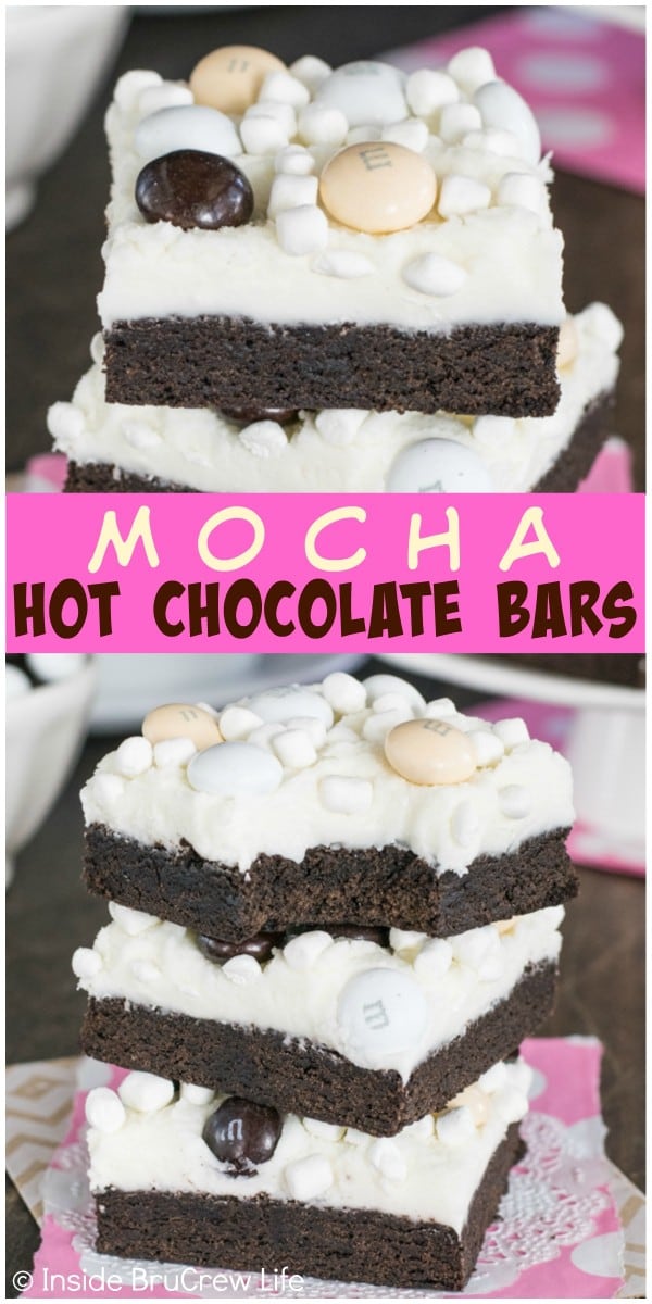 A creamy layer of marshmallow frosting and candies makes these Mocha Hot Chocolate Cookie Bars disappear in a hurry! Easy dessert recipe!