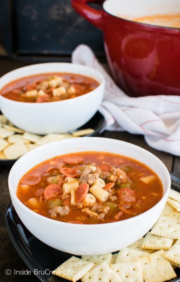 Adding pasta, tomatoes, and pizza toppings makes this Pizza Minestrone Soup recipe a family favorite.