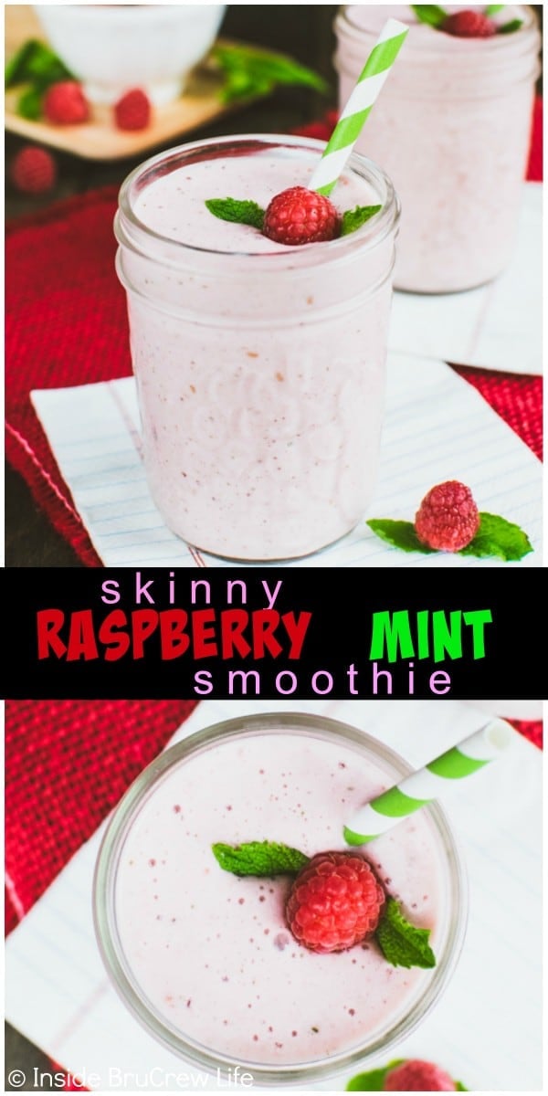 2 pictures of pink smoothies in a clear mason jar with a raspberry, mint leaf, and green and white straw in it.