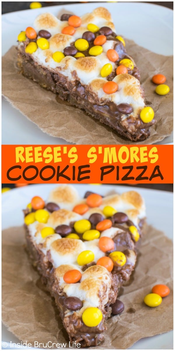Layers of cookie, marshmallow, and 3 kinds of Reese's make this Reese's S'mores Cookie Pizza disappear in a hurry! Easy dessert recipe.