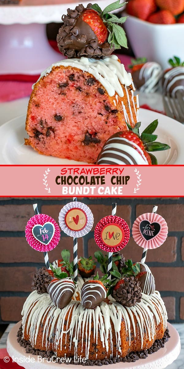 Two pictures of strawberry bundt cake collaged together with a pink text block