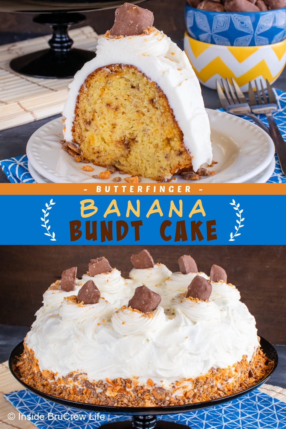 Two pictures of banana bundt cake collaged together with a blue text box.