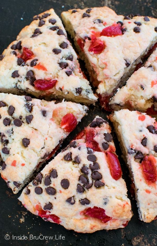 Diced cherries and mini chocolate chips adds a fun flavor to these Cherry Chocolate Chip Scones. Great breakfast recipe!