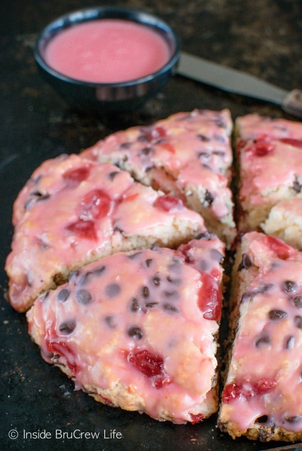 A cherry glaze adds a sweet touch these easy Cherry Chocolate Chip Scones. Perfect breakfast recipe.