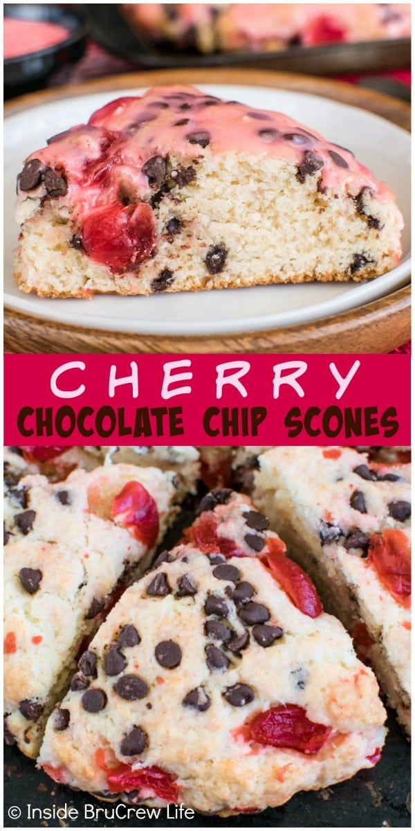 A cherry glaze adds a sweet touch these easy Cherry Chocolate Chip Scones. Perfect breakfast recipe.