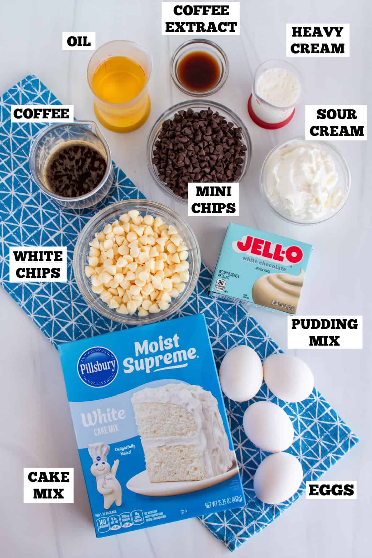 Coffee bundt cake ingredients with text labels.