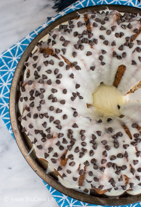 A white chocolate glaze adds the perfect finish to this easy Java Chip Bundt Cake. Great dessert recipe!