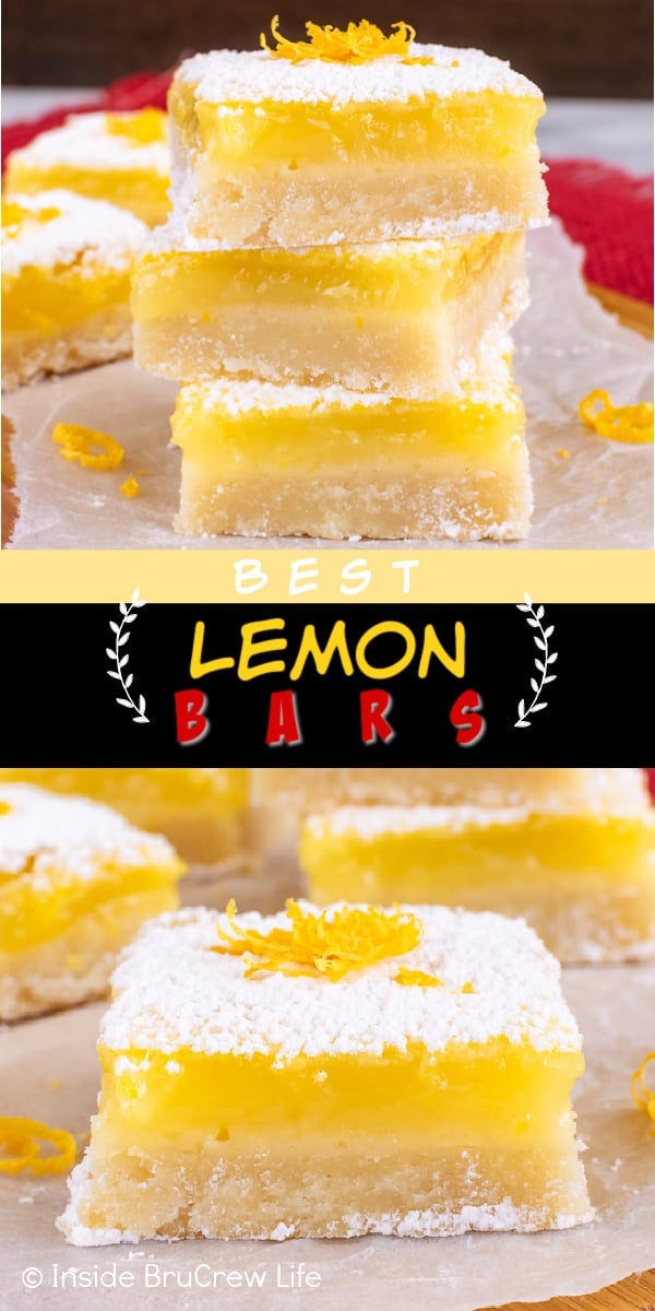 Two pictures of the lemon cookie squares collaged together with a black and yellow text box.