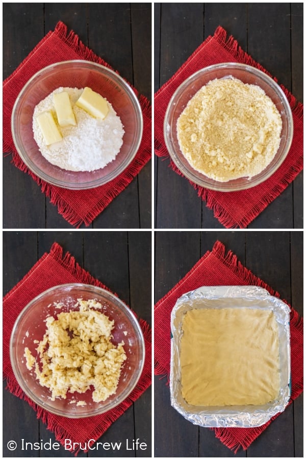 Four pictures collaged together showing how to make a cookie crust.