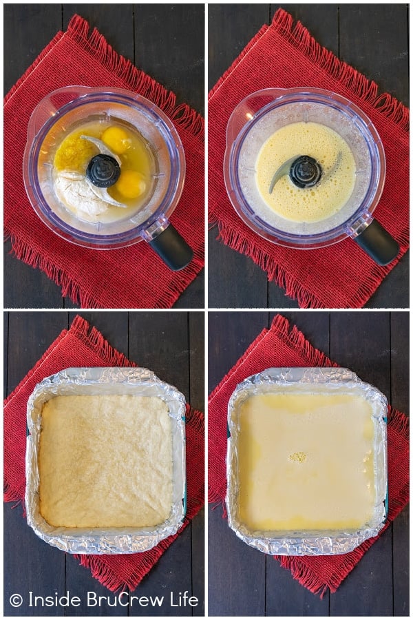 Four pictures collaged together showing how to make the filling for lemon bars