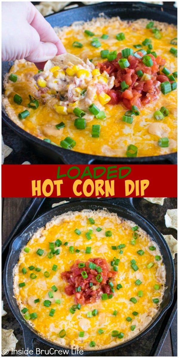 2 pictures of cheesy corn dip separated by a text box.