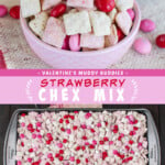 Two pictures of strawberry chex mix with a pink text box.