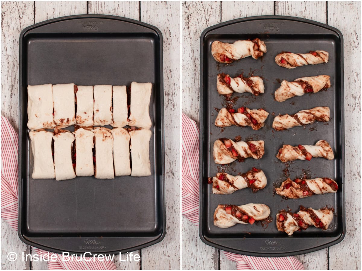 Two pictures of Nutella covered pizza dough turned into pastry twists.