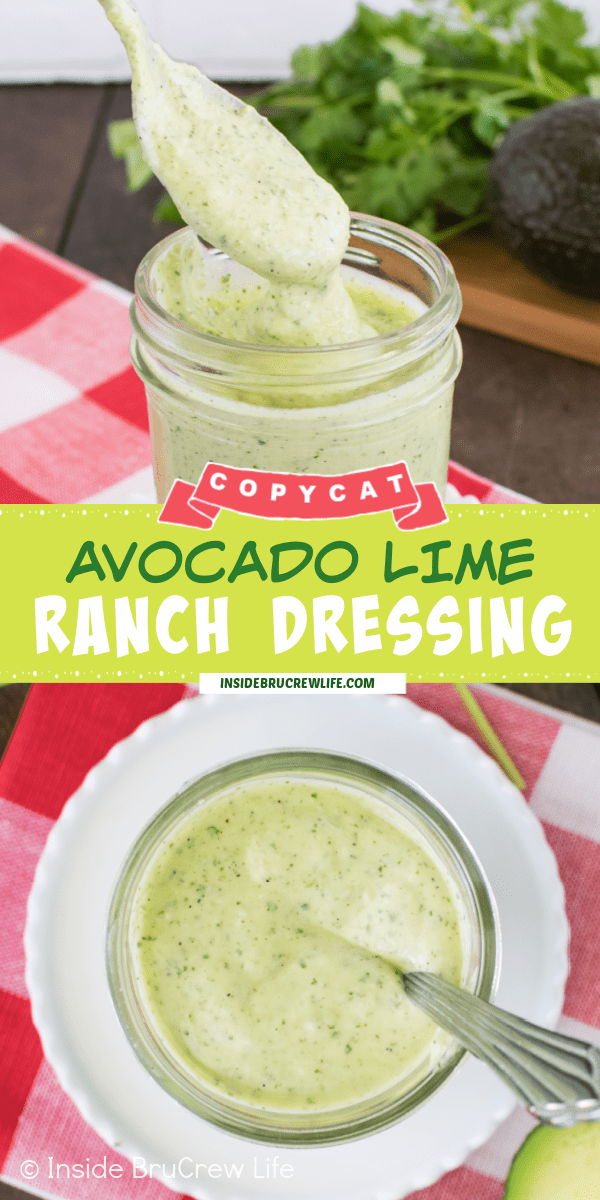 Two pictures of avocado lime ranch dressing collaged together with a green text box.
