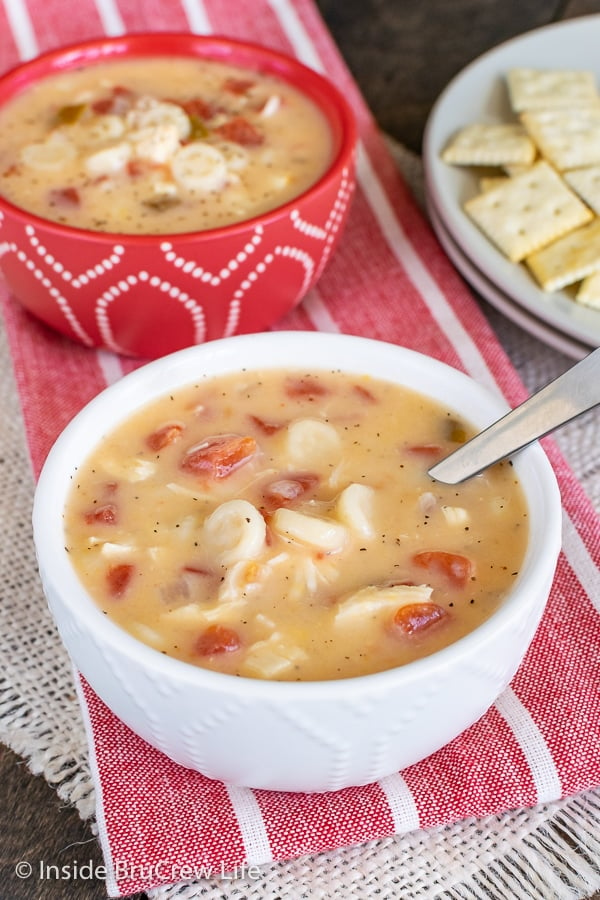 Two bowls on a red towel filled with cheesy chicken soup