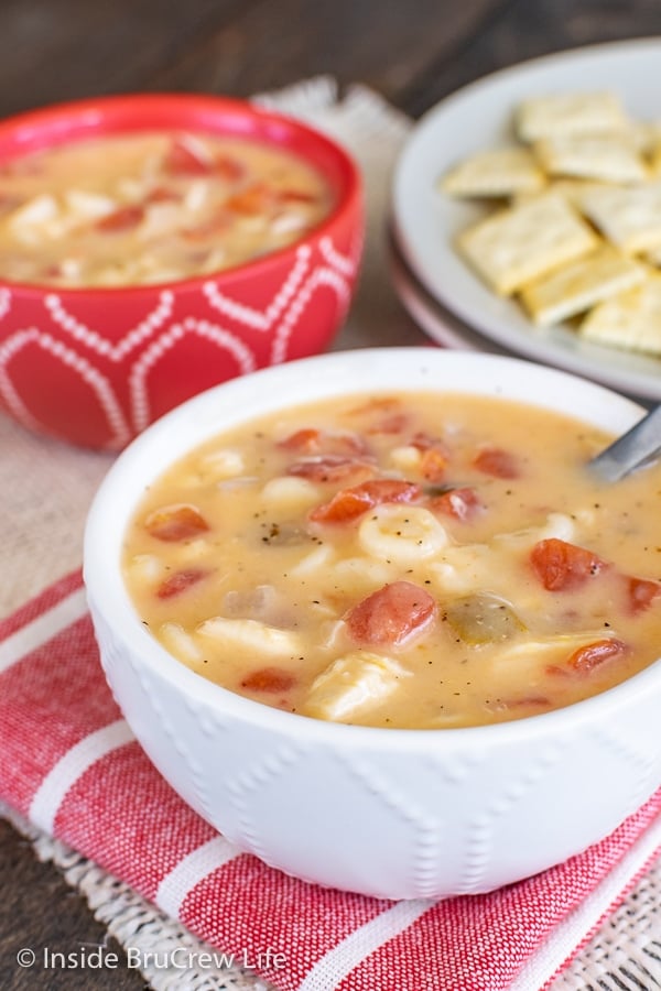 A close up of a white bowl with cheesy chicken soup in it and crackers behind it