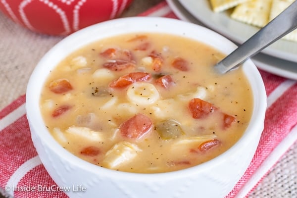 Close up of a the top of a white bowl on a red towel filled with cheesy chicken soup