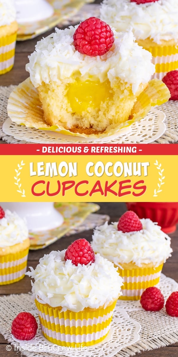 Two pictures of Lemon Coconut Cupcakes collaged together with a red and yellow text box.