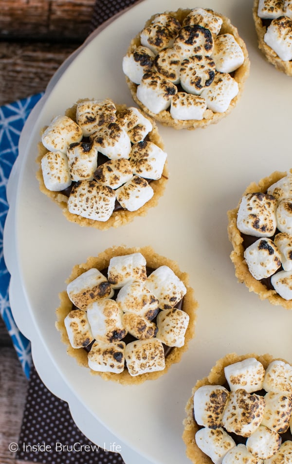 Overhead picture of a white cake plate with mini s'mores pies with toasted marshmallows on it
