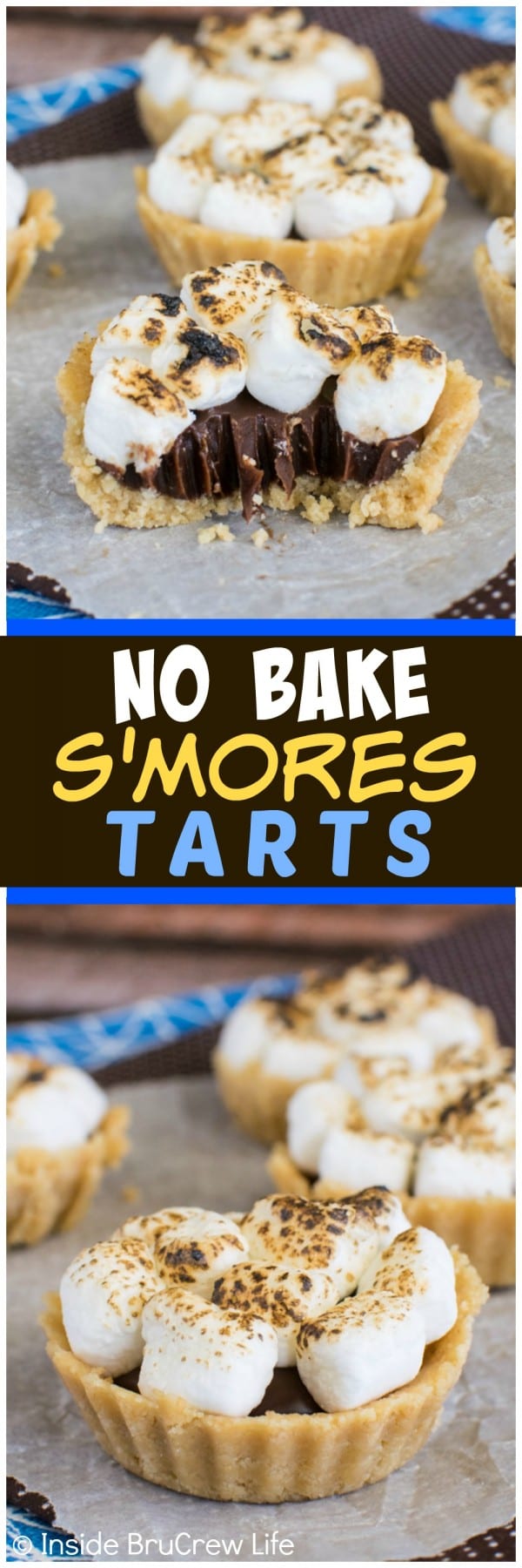 Two pictures of mini s'mores pies collaged together with a dark brown text box